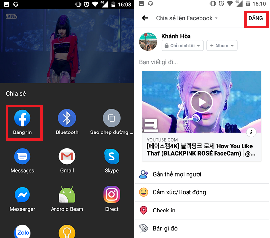 chia se video youtube len facebook dien thoai 