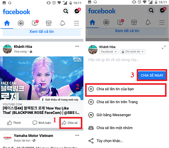 chia se video youtube len facebook dien thoai 