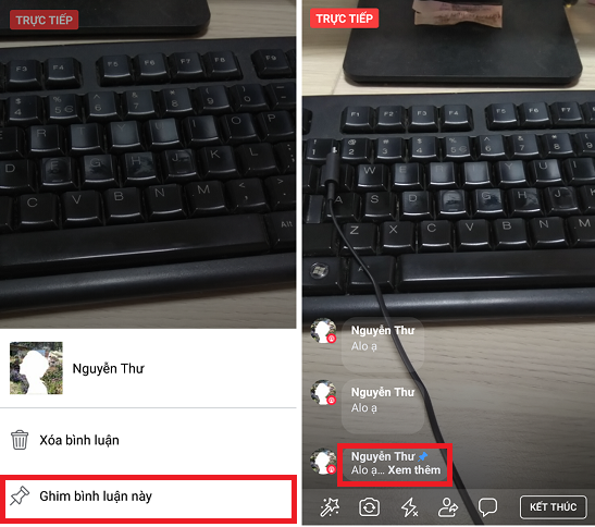 ghim binh luan facebook khi livestream 