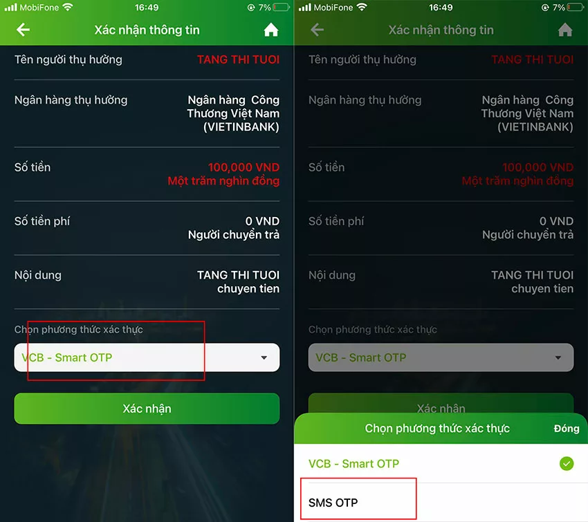 thuc hien 2 giao dich tai chinh bang sms otp